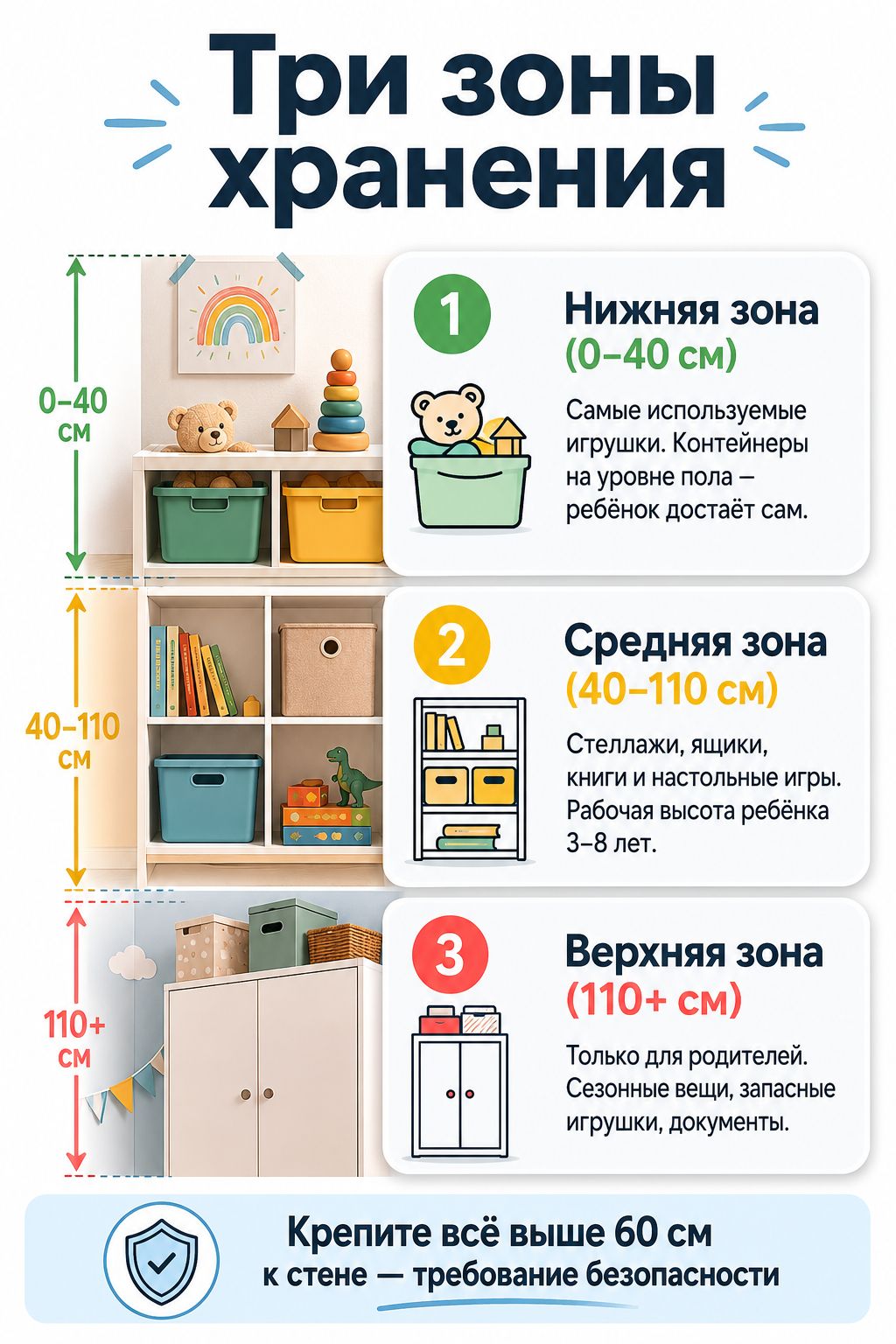 Инфографика: три зоны хранения в детской — нижняя, средняя и верхняя с высотами