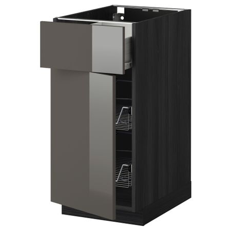 Напольный шкаф с проволочной корзиной, ящиком, дверью МЕТОД / ФОРВАРА, черный, Рингульт серый