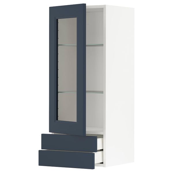 Навесной шкаф, стеклянная дверца, 2 ящика, белый Акстад/матовая поверхность синий 40x100 см IKEA METOD МЕТОД / MAXIMERA - фото 1