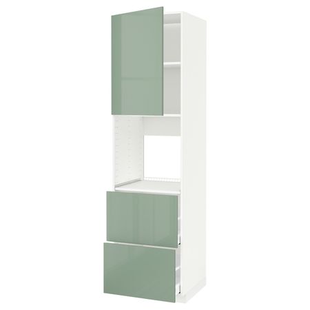 Высокий шкаф для духовки + дверца, 2 форнтальных, 2 высоких ящ, белый, Калларп светло-зеленый, 60x60x220 см IKEA МЕТОД /