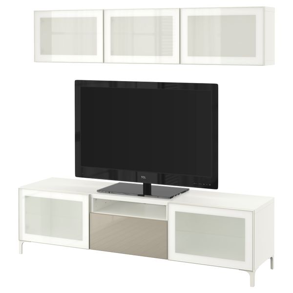 Шкаф для ТВ, комбинированный, стекляные дверцы БЕСТО, белый, Сельсвикен глянцевый/бежевый матовое стекло (180x20/40x166 см) - фото 1