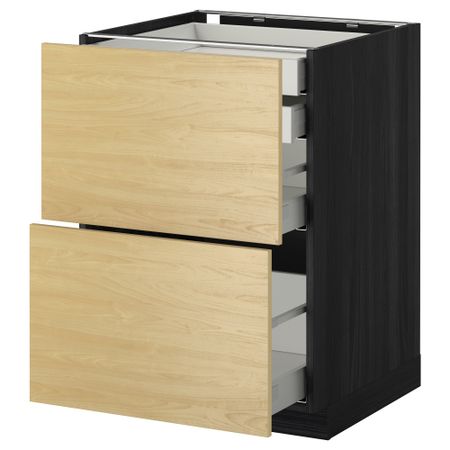 Напольный шкаф 2 фронтальные панели, 2 нижних, 1 средний, 1 высокий ящик МЕТОД / МАКСИМЕРА, черный, Тингсрид береза