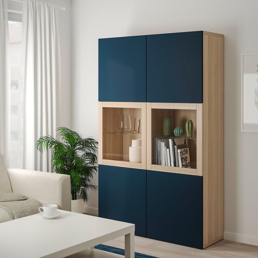 Комбинация для хранения + стеклянная дверц, под беленый дуб/Нотвикен синий прозрачное стекло 120x42x192 см IKEA BESTÅ БЕСТО - фото 1