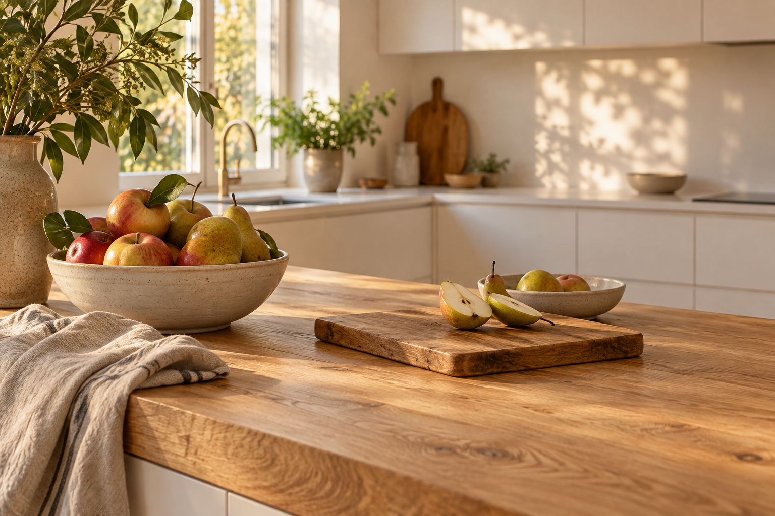 Кухня со столешницей KARLBY из дубового шпона: тёплый дневной свет, текстура дерева крупным планом