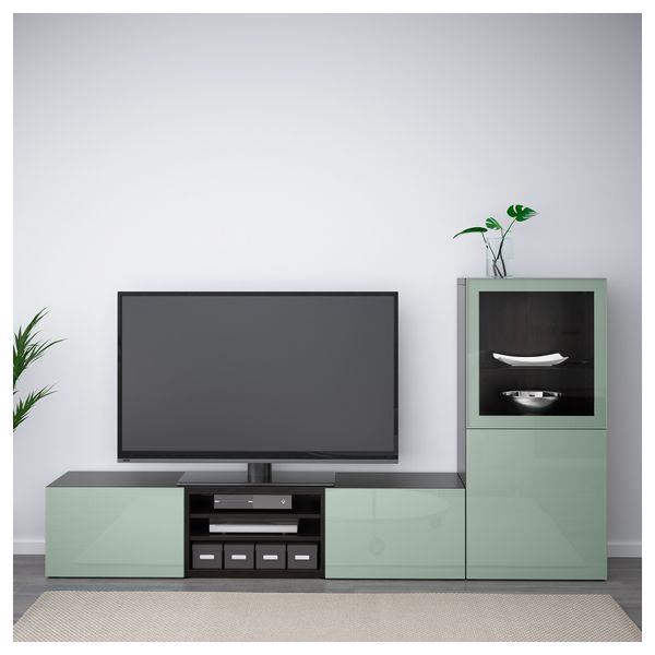 Шкаф для ТВ, комбинированный, стекляные дверцы БЕСТО, черно-коричневый Сельсвикен, глянцевый/серо-зеленый светлый прозрачное - фото 2