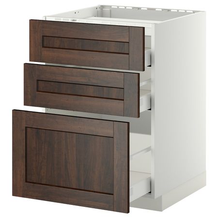 Напольный шкаф, 3 фронтальных панели/3ящика, белый/Эдсерум коричневый 60x60 см IKEA METOD МЕТОД / MAXIMERA МАКСИМЕРА 592.363.55