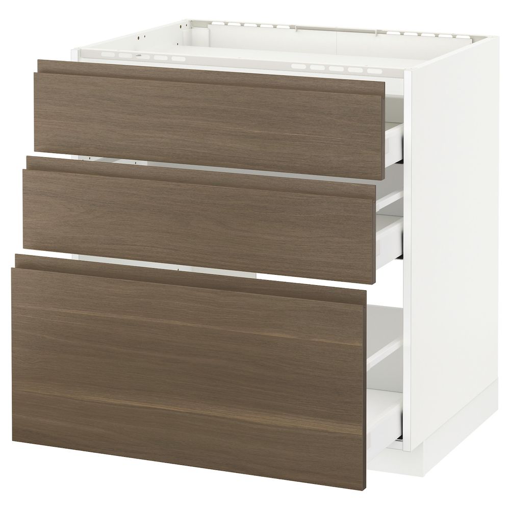 Напольный шкаф, 3 фронтальных панели/3ящика, белый/Воксторп грецкий орех 80x60 см IKEA METOD МЕТОД / MAXIMERA МАКСИМЕРА - фото 1