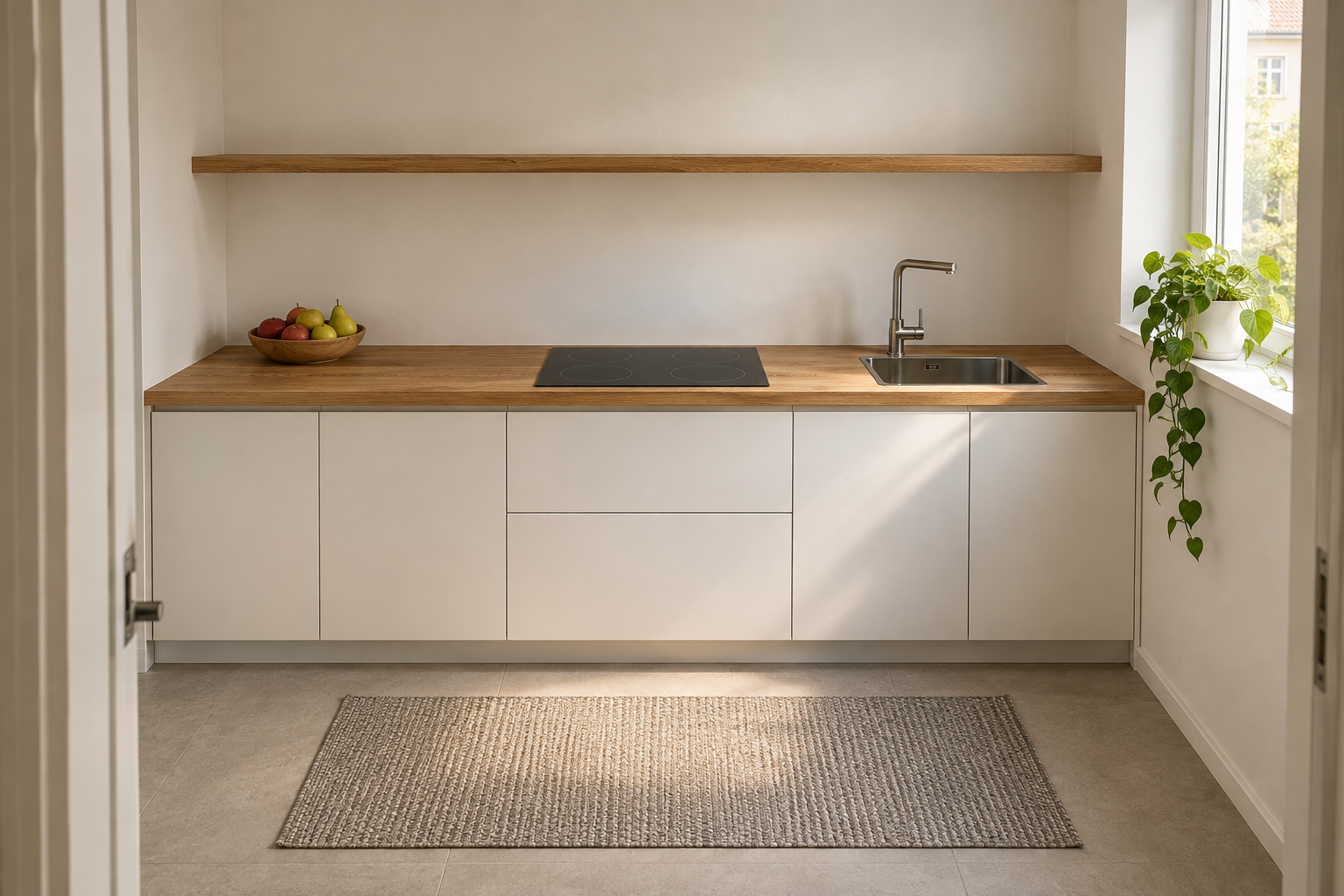 Кухня с цельным полотном KARLBY 186 см: варочная панель и мойка врезаны в одну столешницу над белыми тумбами