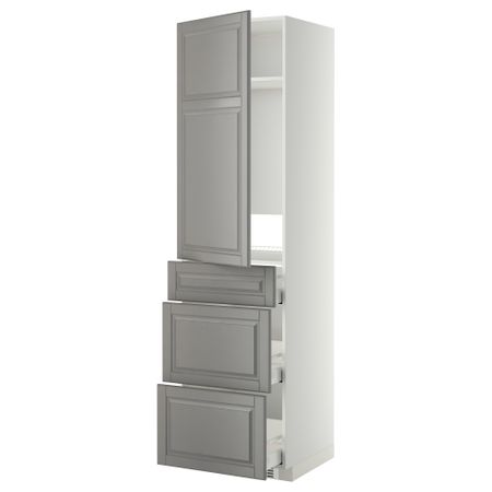 Высокий шкаф для холодильника, с дверцами, 3 ящика МЕТОД / МАКСИМЕРА, белый, Будбин серый (60x60x220 см)