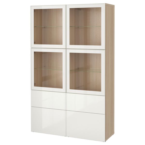 Комбинация для хранения со стеклянными дверцами БЕСТО, под беленый дуб, Сельсвикен глянцевый/белый прозрачное стекло (120x40x192 - фото 1