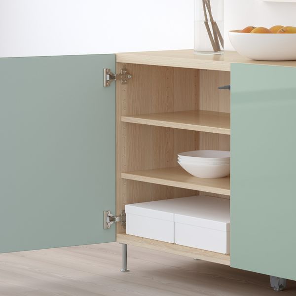Комбинация для хранения с дверцами, под беленый дуб, СЕЛЬСВ/СТАЛЛАРП глянцевый/серо-зеленый светлый, 120x40x74 см IKEA БЕСТО - фото 3