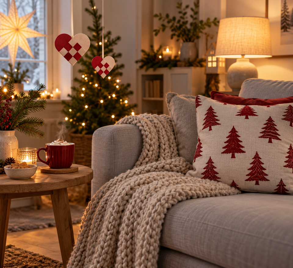 Датский hygge-уголок: диван с красной подушкой в ёлочку, вязаный плед и бумажные сердечки