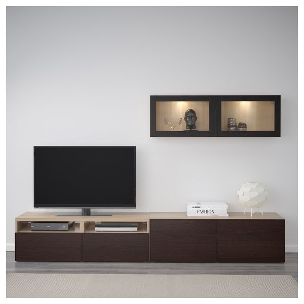 Шкаф для ТВ, комбинированный, стекляные дверцы БЕСТО, под беленый дуб Синдвик, Инвикен черно-коричневый прозрачное стекло - фото 2