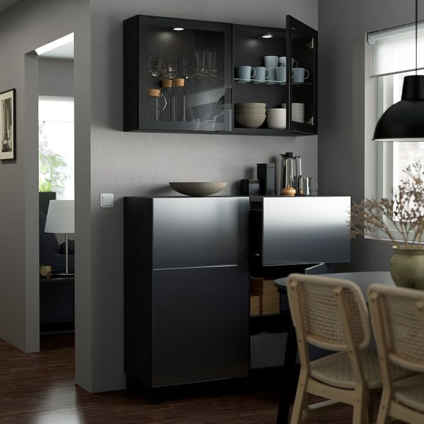 Комбинация для хранения с дверцами/ящ, черно-коричневый РИКСВИК/стуббарп/под брашированное темное олово прозрачное стекло - фото 3