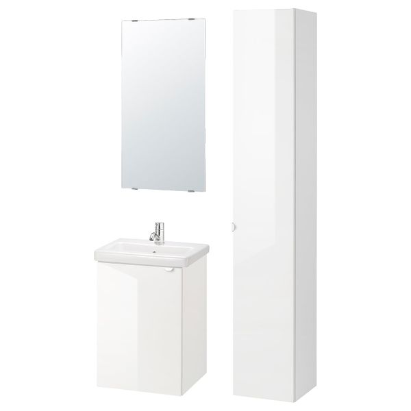 Комплект мебели для ванной,7 предм., глянцевый белый/ПИЛКОН смеситель 44x43x65 см IKEA FISKÅN ФИСКОН / TVÄLLEN ТВЭЛЛЕН - фото 1