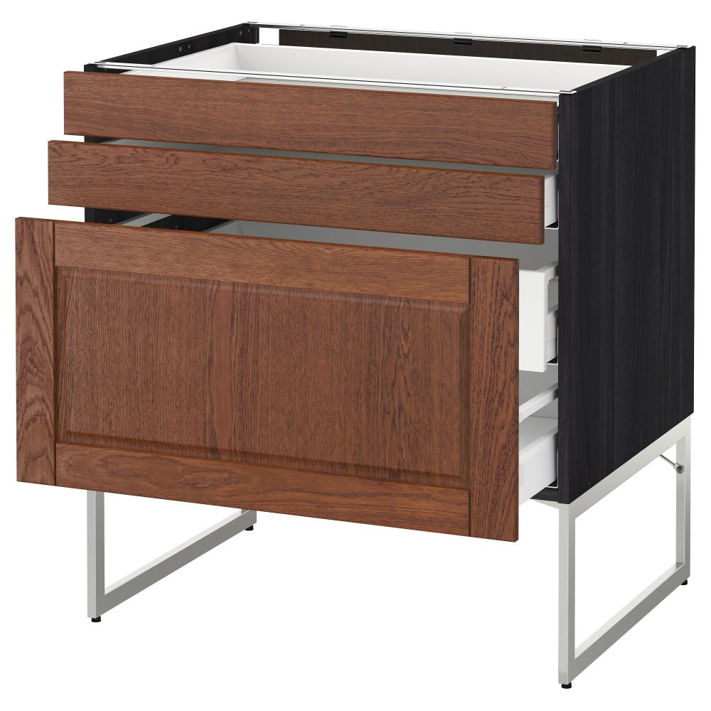 Напольный шкаф 3 фронтальных панели, 2 нижних, 2 средних ящика МЕТОД / МАКСИМЕРА, черный, Филипстад коричневый - схема-чертеж с размерами