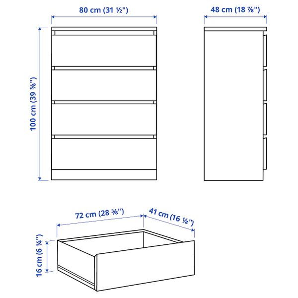 Комод с 4 ящиками, белый 80x100 см IKEA MALM МАЛЬМ 104.035.72 - схема-чертеж с размерами