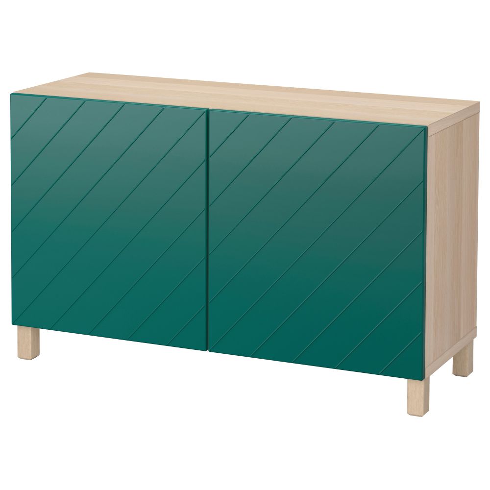 Комбинация для хранения с дверцами БЕСТО, под беленый дуб, Халлставик сине-зеленый (120x40x74 см) - фото 1