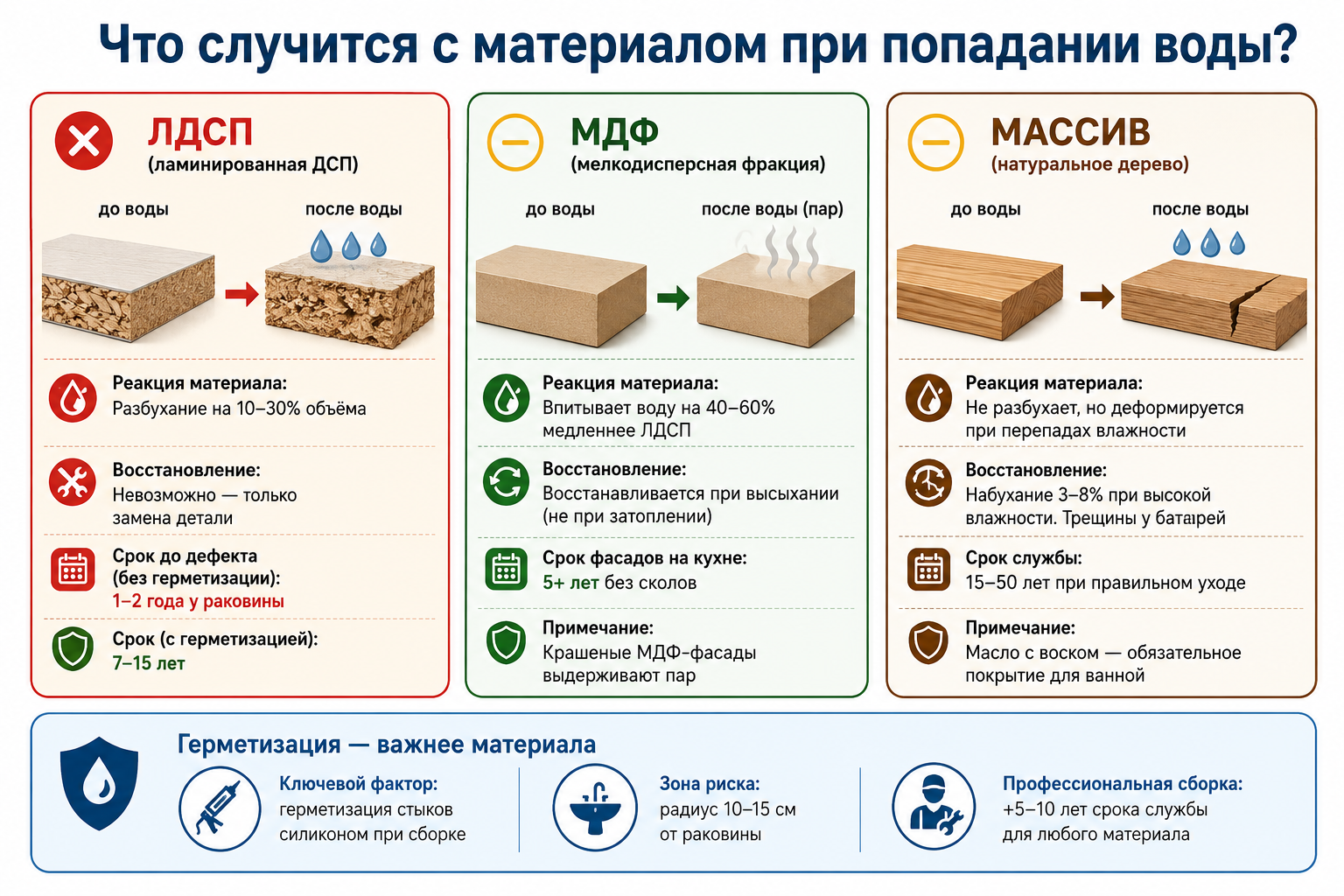 Влагостойкость ЛДСП, МДФ и массива: ЛДСП разбухает 10–30%, МДФ впитывает на 40–60% медленнее