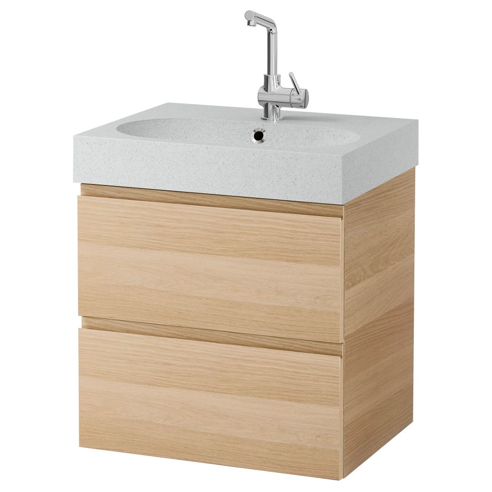 Шкаф для раковины с 2 ящиками ГОДМОРГОН / БРОВИКЕН, под беленый дуб, светло-серый (60x49x68 см) - фото 1