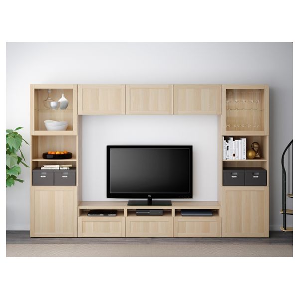 Шкаф для ТВ, комбинированный, стекляные дверцы БЕСТО, Ханвикен, Синдвик под беленый дуб, прозрачное стелко (300x40x192 см) - фото 2