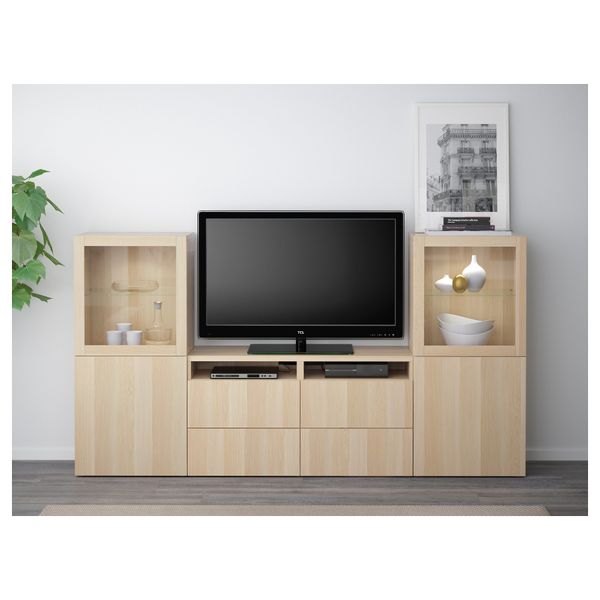 Шкаф для ТВ, комбинированный, стекляные дверцы БЕСТО, Лаппвикен, Синдвик под беленый дуб, прозрачное стелко (240x40x128 см) - фото 2