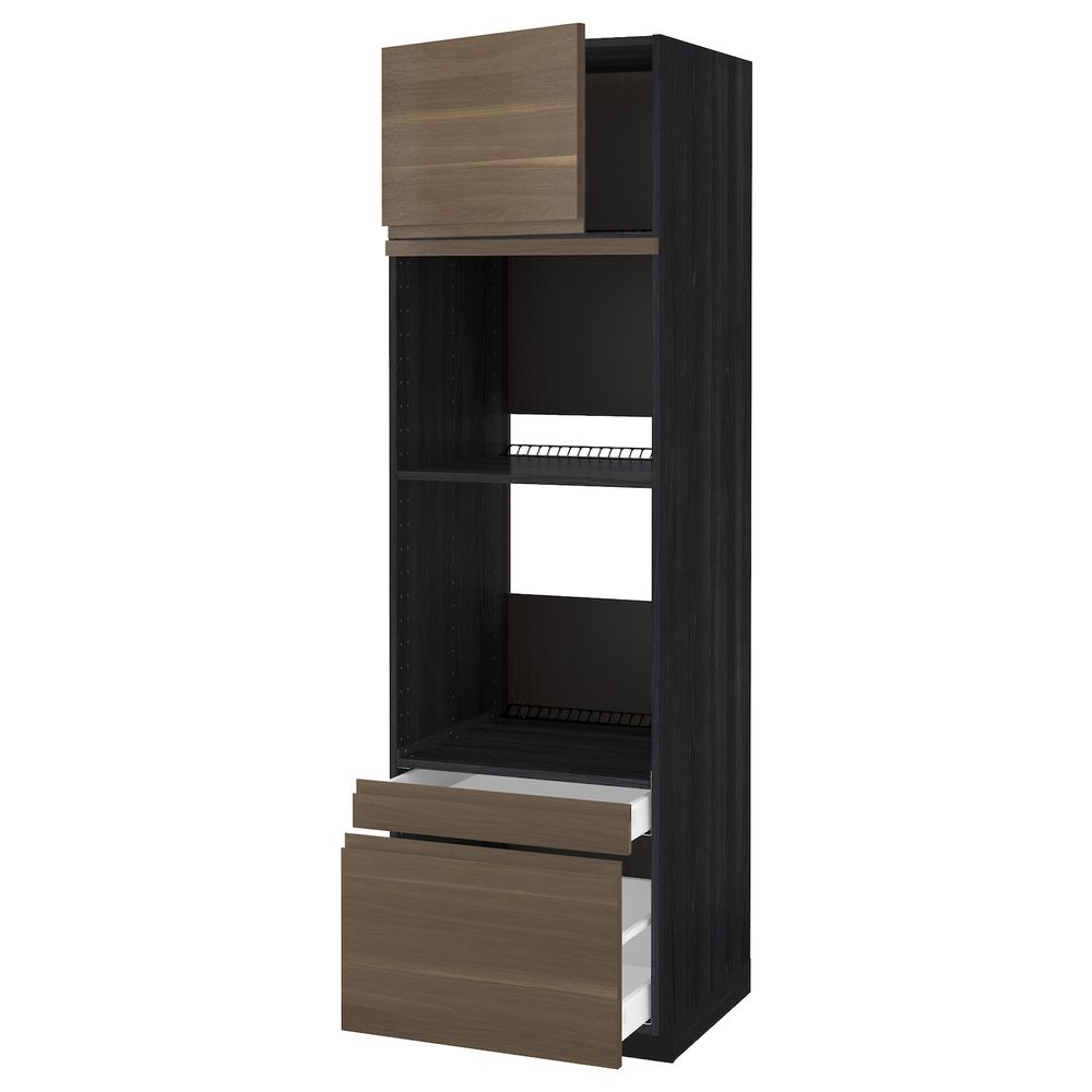 Высокий шкаф для духовки комбинированный, духовка + дверца/2ящ, черный/Воксторп грецкий орех 60x60x200 см IKEA МЕТОД / МАКСИМЕРА - схема-чертеж с размерами