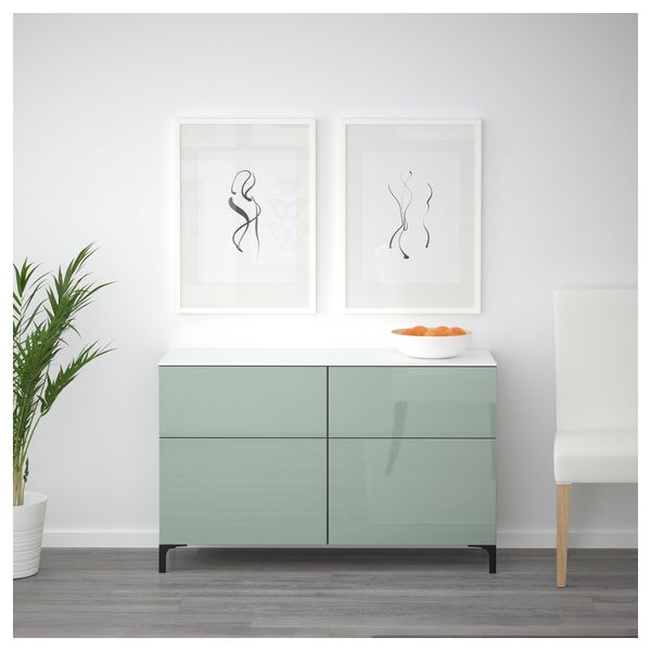 Комбинация для хранения с дверцами, ящиками БЕСТО, черно-коричневый, Сельсвикен глянцевый/серо-зеленый светлый (120x42x74 см) - схема-чертеж с размерами