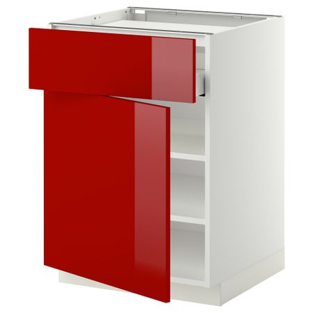 Напольный шкаф для варочной панели, ящик, полка, дверцы МЕТОД / МАКСИМЕРА, белый, Рингульт красный (60x60 см)