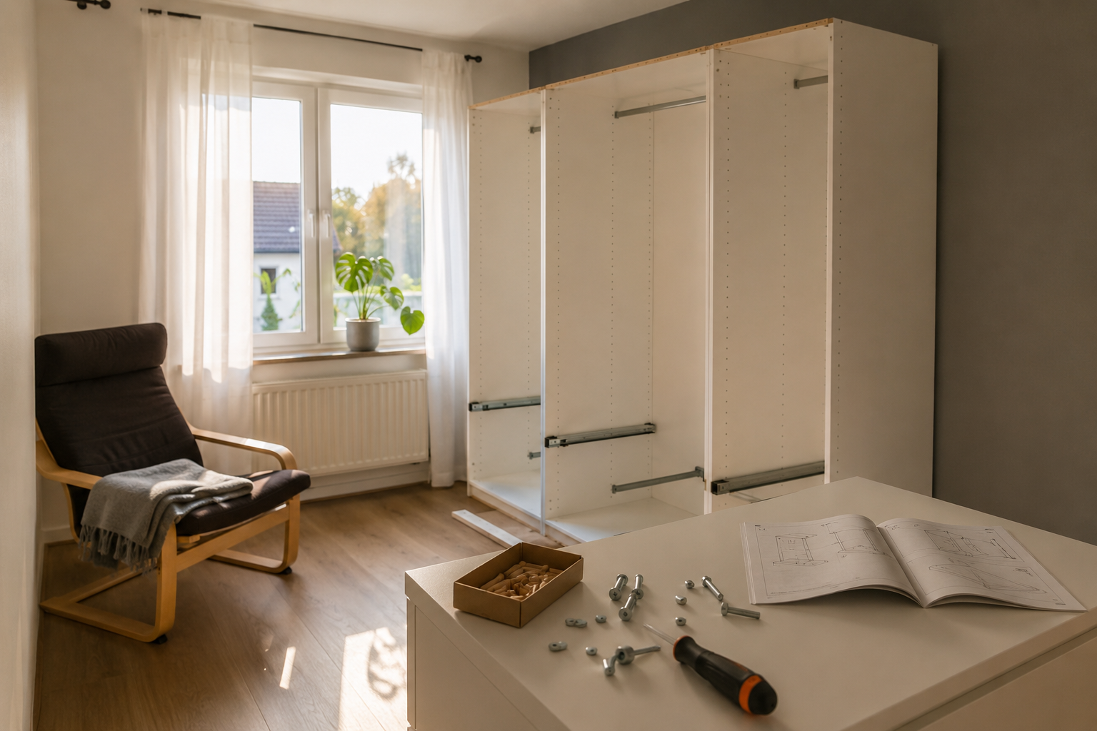 Шкаф PAX IKEA в процессе сборки: распакованные детали, инструменты и инструкция на полу