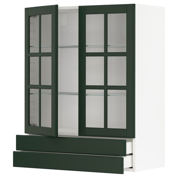 Навесной шкаф, 2 стеклянные дверцы, 2 ящика, белый/Будбин темно-зеленый 80x100 см IKEA METOD МЕТОД / MAXIMERA МАКСИМЕРА - фото 1