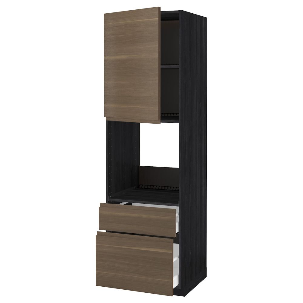 Высокий шкаф для духовки + дверца, 2 фронтальные панели, 1 средняя, 1 встроенный ящ, черный/Воксторп грецкий орех 60x60x200 см - схема-чертеж с размерами