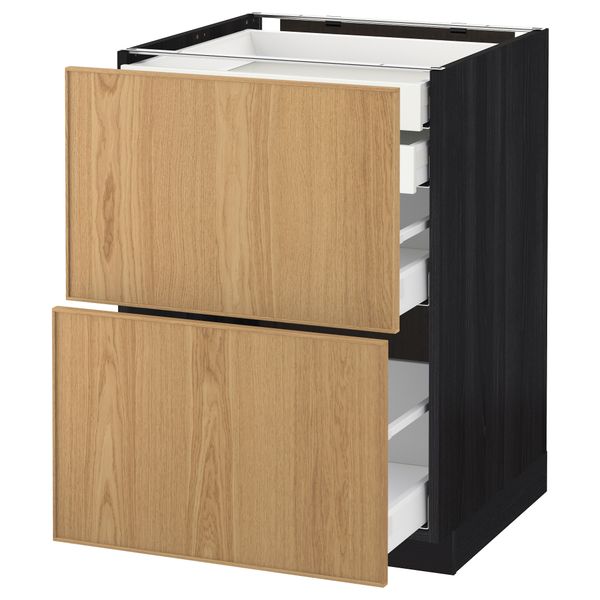 Напольный шкаф 2 фронтальные панели, 2 нижних, 1 средний, 1 высокий ящик МЕТОД / МАКСИМЕРА, черный, Экестад дуб - схема-чертеж с размерами