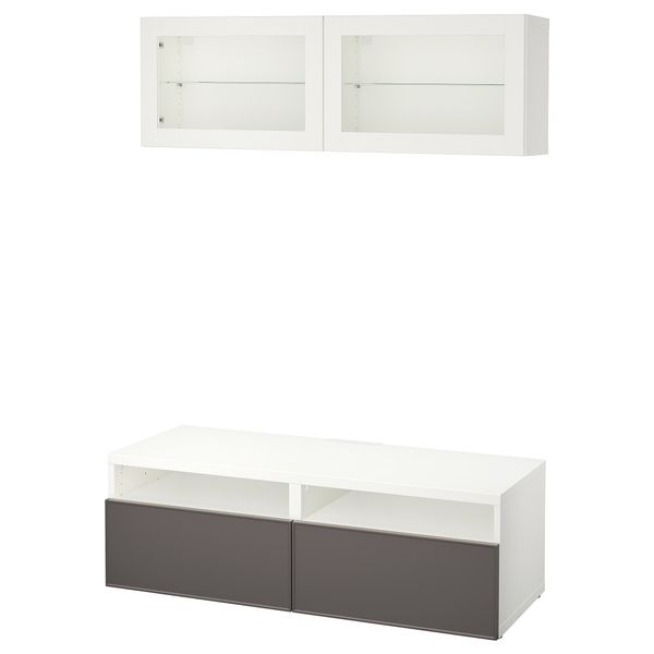 Шкаф для ТВ, комбинированный, стекляные дверцы БЕСТО, белый Грундсвикен, темно-серый прозрачное стекло (120x20/40x166 см) - фото 1