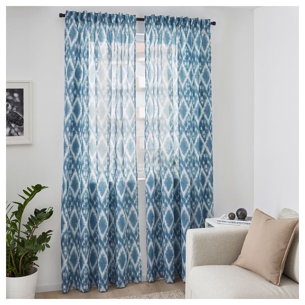 Гардины, 1 пара БЛОЛИЛЬЯ, белый/синий (145x300 см) - фото 2