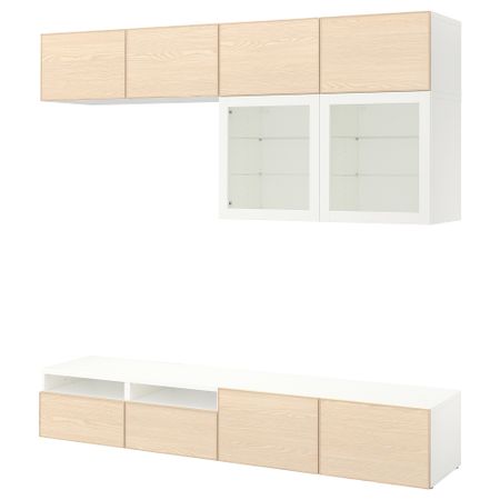 Шкаф для ТВ, комбинированный, стекляные дверцы БЕСТО, белый Инвикен, ясеневый шпон прозрачное стекло (240x40x230 см)