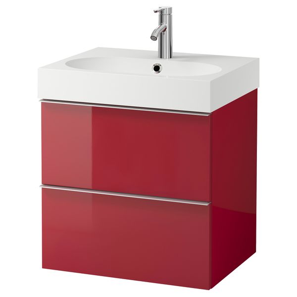 Шкаф для раковины с 2 ящиками ГОДМОРГОН / БРОВИКЕН, глянцевый красный (60x49x68 см) - фото 5