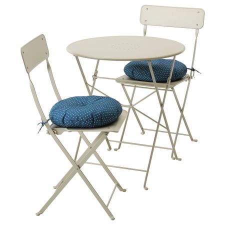 Стол + 2 складных стула для сада САЛЬТХОЛЬМЕН, бежевый, Иттерон синий