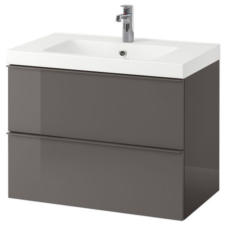 Шкаф для раковины с 2 ящиками, 83x49x64 см, глянцевый серый IKEA GODMORGON ГОДМОРГОН 398.749.39