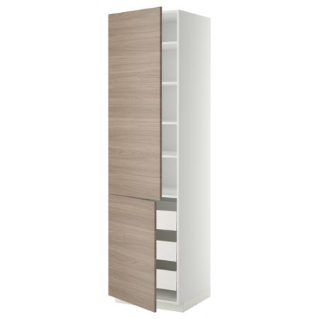 Высокий шкаф + полки, 3 ящика, 2 дверцы МЕТОД / МАКСИМЕРА, белый, Брокхульт светло-серый