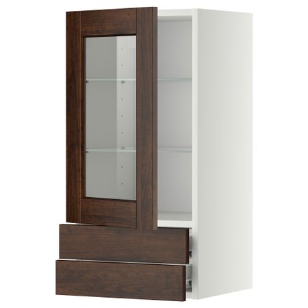 Навесной шкаф, стеклянная дверца, 2 ящика МЕТОД / ФОРВАРА, белый, Эдсерум коричневый