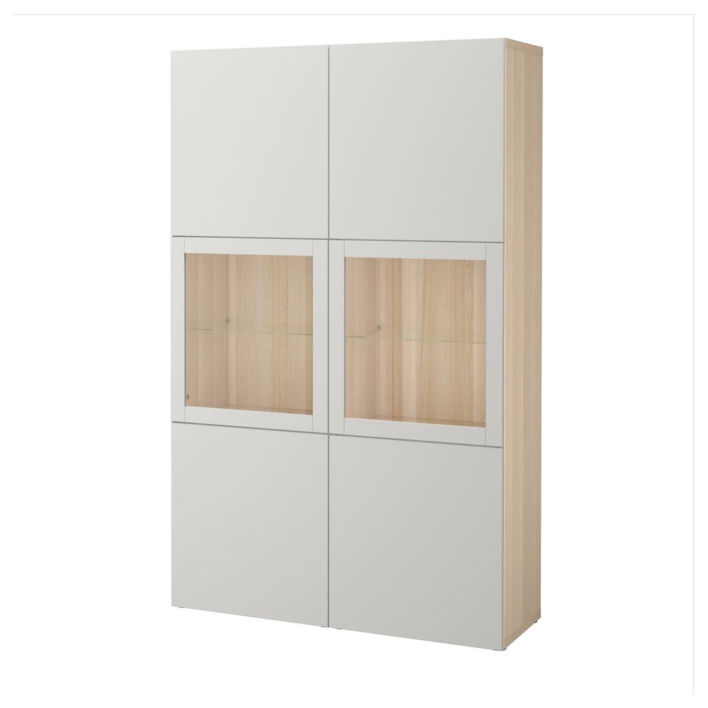 Комбинация для хранения + стеклянная дверц, под беленый дуб, Лаппвикен светло-серый прозрачное стекло, 120x40x192 см IKEA БЕСТО - фото 1