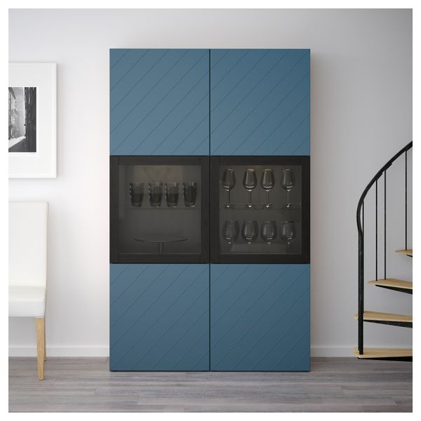 Комбинация для хранения со стеклянными дверцами БЕСТО, черно-коричневый Халлставик, темно-синий прозрачное стекло (120x40x192 - фото 2