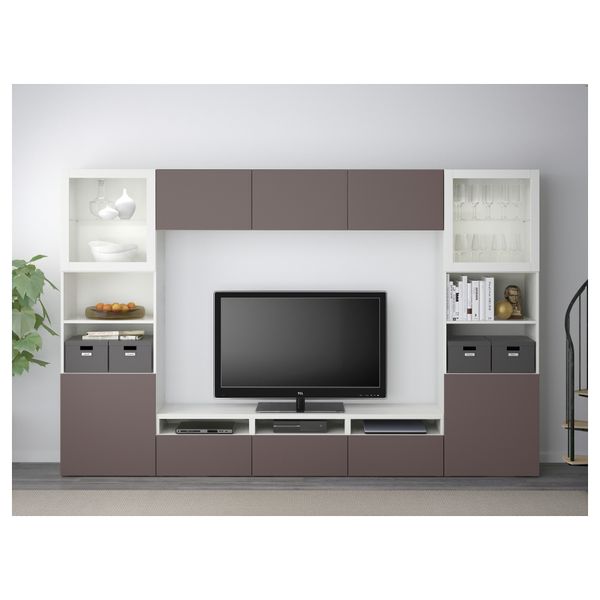 Шкаф для ТВ, комбинированный, стекляные дверцы БЕСТО, белый, Вальвикен темно-коричневый, прозрачное стекло (300x40x192 см) - фото 2