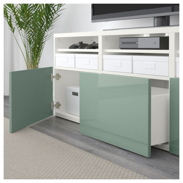 Шкаф для ТВ, комбинированный, стекляные дверцы БЕСТО, белый Сельсвикен, глянцевый/серо-зеленый светлый прозрачное стекло - фото 3