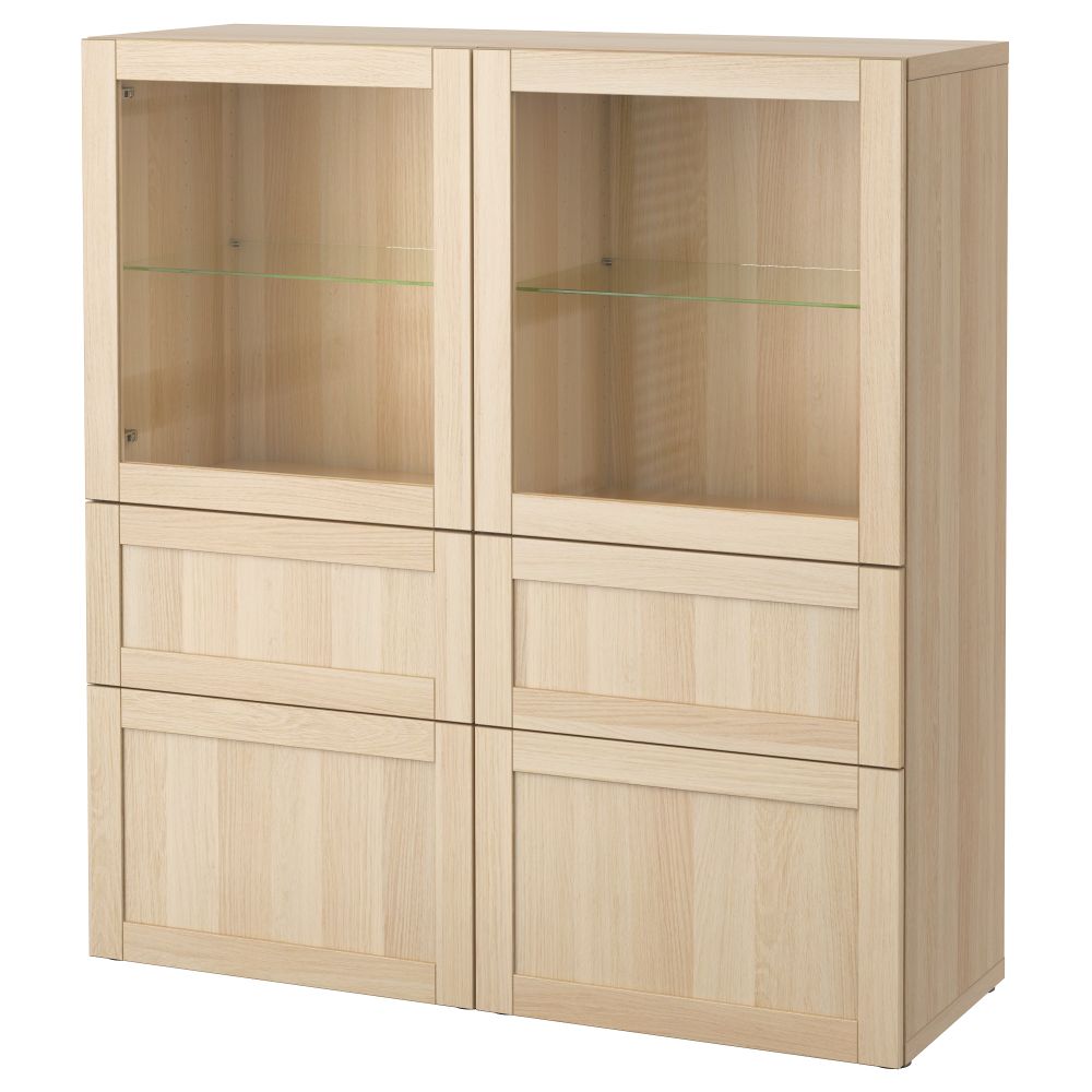 Комбинация для хранения со стеклянными дверцами БЕСТО, Ханвикен, Синдвик под беленый дуб, прозрачное стелко (120x40x128 см) - фото 1
