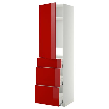 Высокий шкаф для холодильника, с дверцами, 3 ящика МЕТОД / МАКСИМЕРА, белый, Рингульт красный (60x60x220 см)