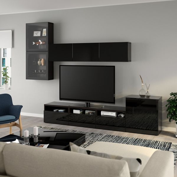 Шкаф для ТВ, комбинированный, стекляные дверцы, черно-коричневый/Сельсвикен глянцевый, черный прозрачное стекло 300x42x211 см - фото 6