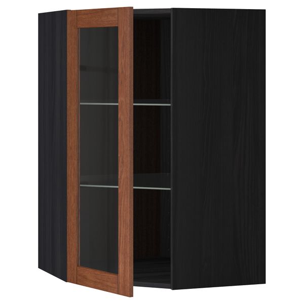 Угловой навесной шкаф с полками, стекляными дверцами МЕТОД, черный, Филипстад коричневый - схема-чертеж с размерами