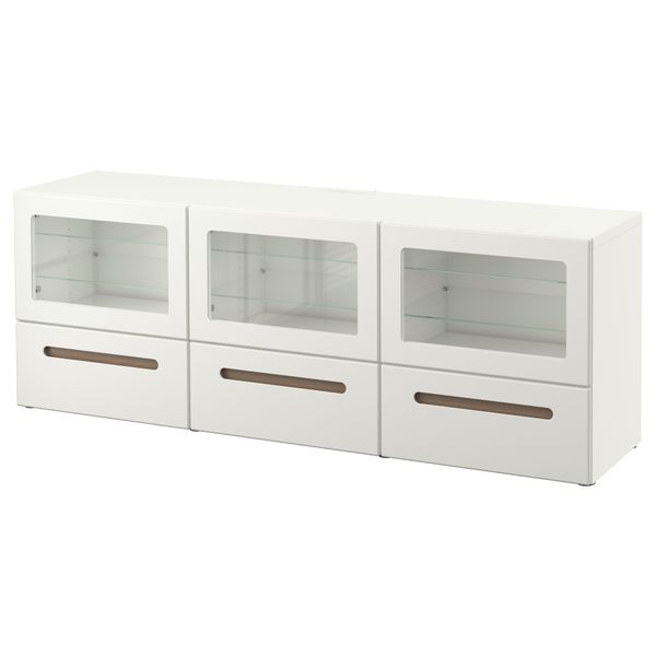 Тумба под ТВ, с дверцами и ящиками БЕСТО, Марвикен белый прозрачное стекло (180x40x64 см) - фото 1